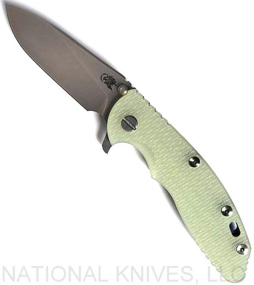 Rick Hinderer Knives XM-18 3.5" Slicer folding knife with thumb stud and flipper tab - shown open presentation side.  Stonewash 20CV stainless steel plain edge blade.  Translucent Green G-10 handle with stonewash blue titanium lock side.  Model K2012SGS00.