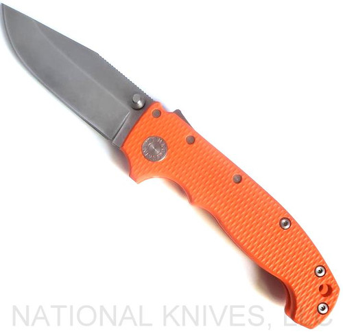 Demko Knives MG AD-20 clip point folding knife with thumb stud - shown open presentation side.  Stonewash 20CV stainless steel plain edge blade.  Orange G-10 handle.