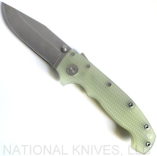 Demko Knives MG AD-20 clip point folding knife with thumb stud - shown open presentation side.  Stonewash 20CV stainless steel plain edge blade.  Translucent G-10 handle.