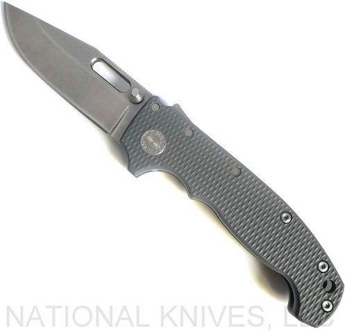 Demko Knives MG AD-20 clip point folding knife with thumb stud and thumb slot - shown open presentation side.  Stonewash 20CV stainless steel plain edge blade.  Gray G-10 handle.