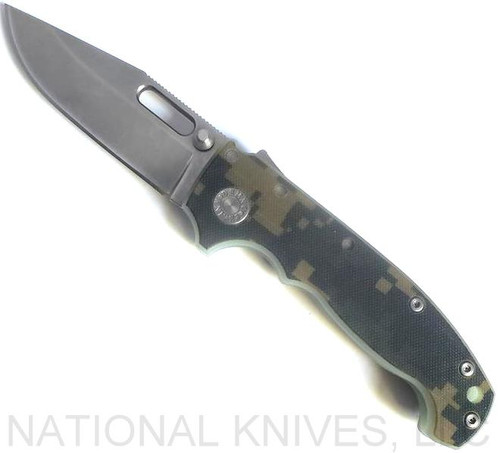 Demko Knives MG AD-20 clip point folding knife with thumb stud and thumb slot - shown open presentation side.  Stonewash 20CV stainless steel plain edge blade.  Camo G-10 handle.