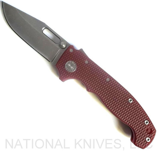 Demko Knives MG AD-20 clip point folding knife with thumb stud and thumb slot - shown open presentation side.  Stonewash 20CV stainless steel plain edge blade.  Red G-10 handle.