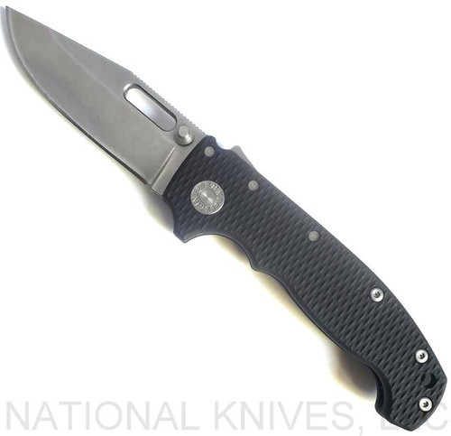 Demko Knives MG AD-20 clip point folding knife with thumb stud and thumb slot - shown open presentation side.  Stonewash 20CV stainless steel plain edge blade.  Black G-10 handle.