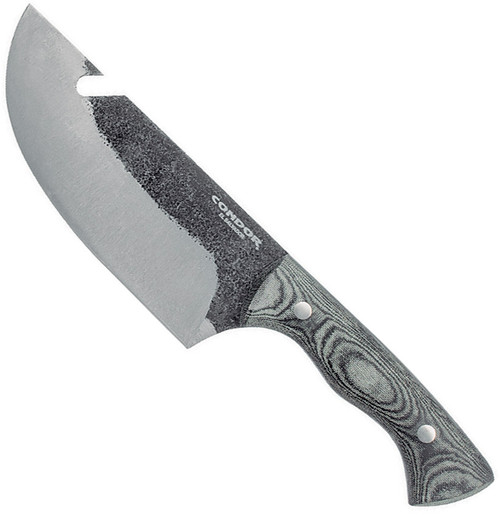 Condor Tool and Knife Bush Slicer fixed blade knife - shown out of sheath reverse.  1095 HC steel plain edge blade.  Gray Micarta handle.  Model CTK5005-6.5.
