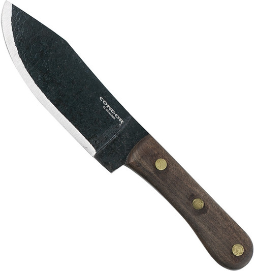 Condor Tool and Knife Mini Hudson Bay fixed blade knife - shown out of sheath reverse.  1075 steel plain edge blade.  Wood handle.  Model CTK2816-4.9HC.
