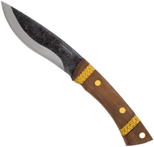 Condor Tool and Knife Large Huron fixed blade knife - shown out of sheath reverse.  1095 steel plain edge blade.  Wood handle.  Model CTK2819-5.25HC.