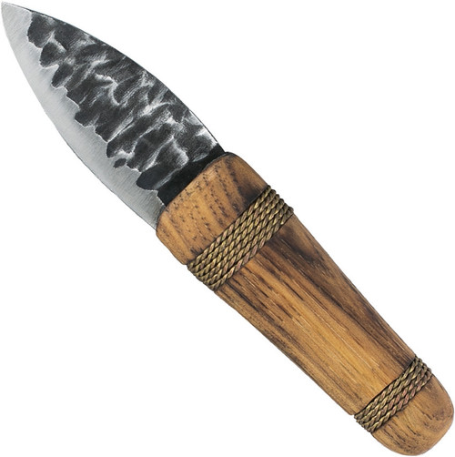 Condor Tool and Knife Otzi fixed blade knife - shown out of sheath reverse.  1095 steel plain edge blade.  Wood handle.  Model CTK3922-2.2.