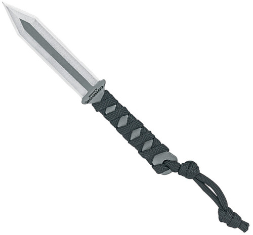 Condor Tool and Knife Gladius Neck fixed blade knife - shown out of sheath reverse.  1075 steel plain edge blade.  Black cord wrapped handle.  Model CTK1824-3.12HC.
