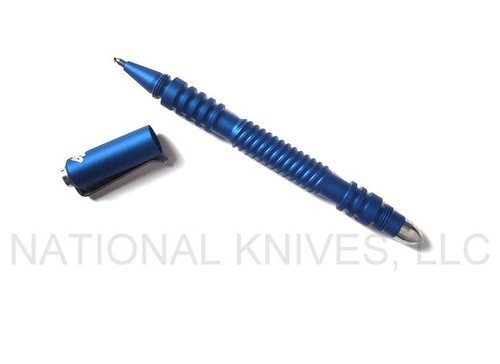 Rick Hinderer Knives Investigator ink pen - shown with cap off.  Spiral matte blue aluminum construction.  Model P58012A4BLA.
