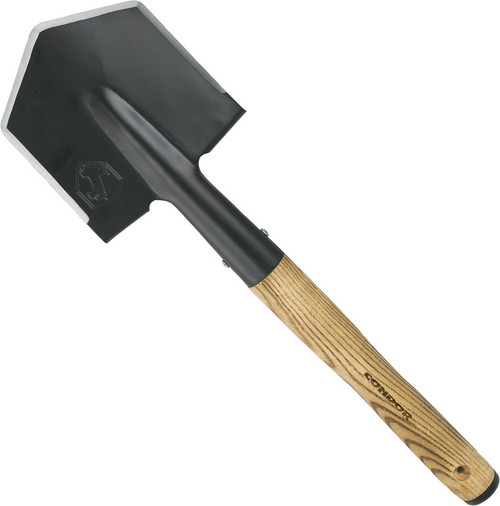 Condor Tool and Knife Wilderness Survival shovel - shown out of sheath obverse.  1045 steel head.  Wood handle.  Model CTK2818.