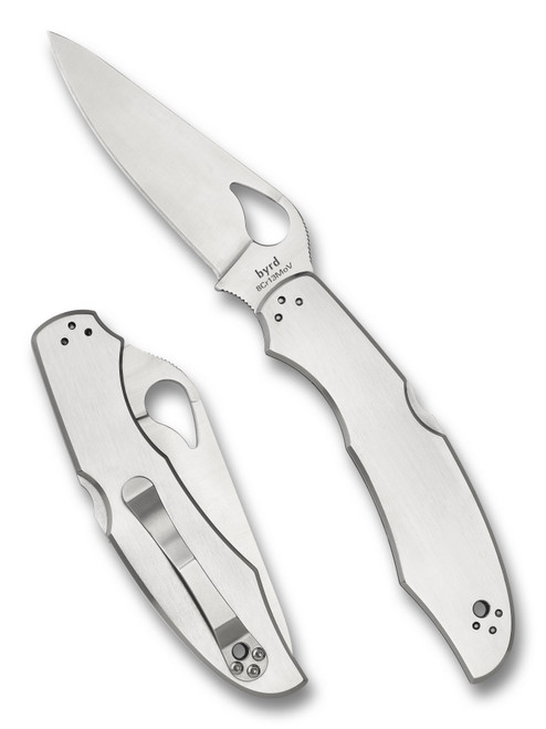 Byrd Cara Cara 2 folding knife with thumb slot - shown both open presentation side and closed pocket clip side.  Satin 8Cr13MoV stainless steel plain edge blade.  Stainless steel handle.  Model BY03P2.