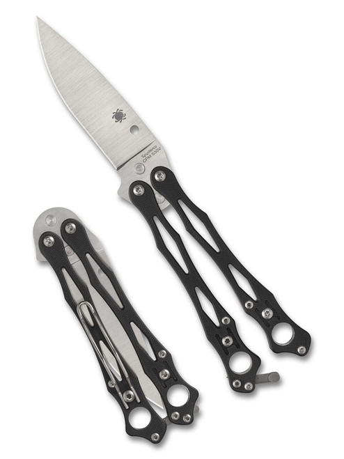 Spyderco Smallfly 2 balisong knife - shown both open and closed.  Satin S30V stainless steel plain edge blade.  Black G-10 handle.  Model B02GP2.