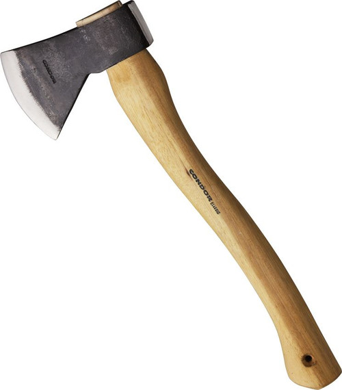 Condor Tool and Knife Greenland hatchet - shown out of sheath obverse.  1060 HC steel plain edge head.  Wood handle.  Model CTK4070C15.