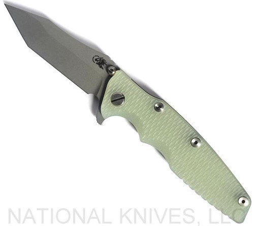 Rick Hinderer Knives Eklipse Tanto folding knife with thumb stud and flipper tab - shown open presentation side.  Working Finish 20CV stainless steel plain edge blade.  Translucent Green G-10 handle with Working Finish lock side.  Model K40042SGW00.