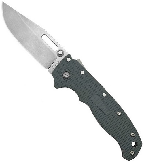 Demko Knives AD20.5 folding knife with thumb stud and slot - shown open presentation side.  Stonewashed AUS10A stainless steel, clip point, plain edge blade.  Gray Grivory handle.  Model AD20.5-CPPE-GRY.