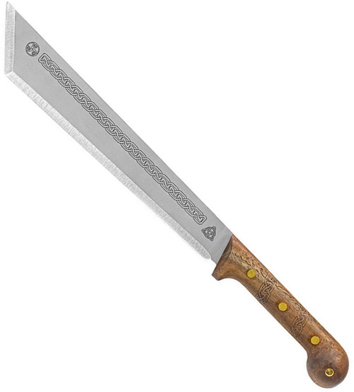 Condor Tool and Knife Argyll Scottish machete- shown out of sheath obverse.  1075 steel plain edge blade.  Wood handle.  Model CTK1028-12.25HC.