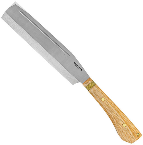 Condor Tool and Knife Batonata Chopper machete - shown out of sheath reverse.  1075 HC steel plain edge blade.  Wood handle.  Model CTK2013-10HC.  