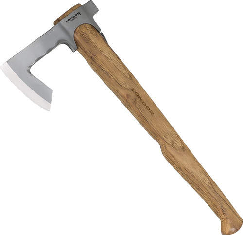Condor Tool and Knife Travelhawk Axe - shown out of sheath obverse.  1060 steel plain edge head.  Wood handle.  Model CTK104-1.87.