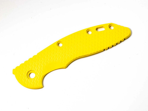 Rick Hinderer Knives XM-18 3.5" Textured G-10 handle scale - obverse shown.  Yellow color.