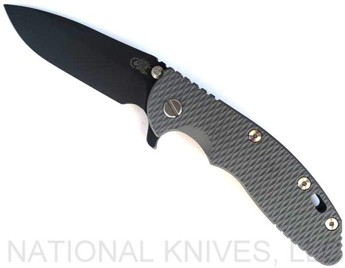 Rick Hinderer Knives XM-18 3.5" Spear Point folding knife with thumb stud and flipper tab - shown open presentation side.  Battle Black S45VN stainless steel plain edge blade.  Grey G-10 handle with Battle Black lock side.  Model KXM35SPEDLC2.