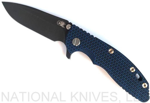 Rick Hinderer Knives XM-18 3.5" Spear Point folding knife with thumb stud and flipper tab - shown open presentation side.  Battle Black S45VN stainless steel plain edge blade.  Blue - black G-10 handle with Battle Black lock side.  Model KXM35SPEDLC2.