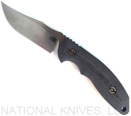 Rick Hinderer Knives Emmett Bowie fixed blade knife - shown out of sheath reverse.  Stonewash 20CV stainless steel plain edge blade.  Black Micarta handle.  Model KEMBOMI.