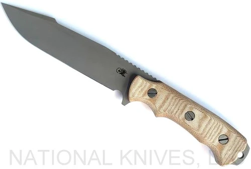 Rick Hinderer Knives FieldTac 6.0 Harpoon Spanto fixed blade knife - shown out of sheath reverse.  Working Finish Nitro-V stainless steel plain edge blade.  Natural Micarta handle.  Model KFTAC60KYSH.