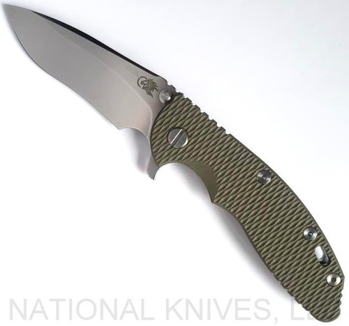 Rick Hinderer Knives XM-18 3.5" Recurve folding knife with thumb stud and flipper tab - shown open presentation side.  Stonewash 20CV stainless steel plain edge blade.  OD green G-10 handle with stonewash lock side.  Model KXM35REC.