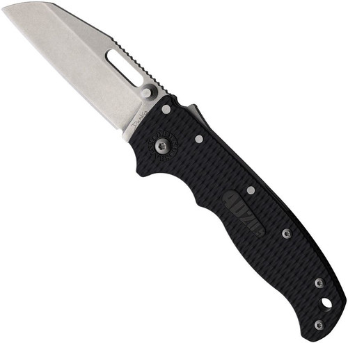 Demko Knives AD20.5 folding knife with thumb stud and slot - shown open presentation side.  AUS10A stainless steel, Shark Foot, plain edge blade.  Black Grivory handle.  Model AD205F22.
For reference only.