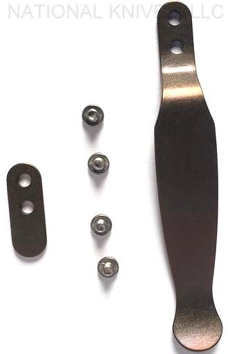 Rick Hinderer Knives Solid Pocket Clip and Filler Tab Set with screws- obverse. Stonewash bronze construction.  Model K0020101BR-SLD.