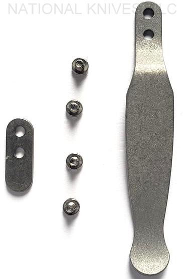 Rick Hinderer Knives Solid Pocket Clip and Filler Tab Set with screws- obverse. Working Finish titanium construction.  Model K0020101WF-SLD.