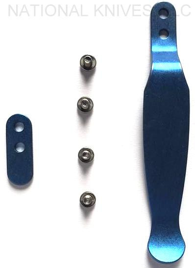 Rick Hinderer Knives Solid Pocket Clip and Filler Tab Set with screws- obverse. Stonewash blue construction.  Model K0020101BL-SLD.