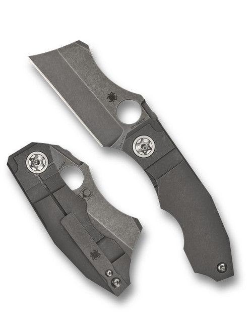 Spyderco Stovepipe folding knife with thumb hole - shown open presentation side and closed pocket clip side.  Stonewash 20CV stainless steel plain edge blade.  Titanium handle.  Model C260TIP.