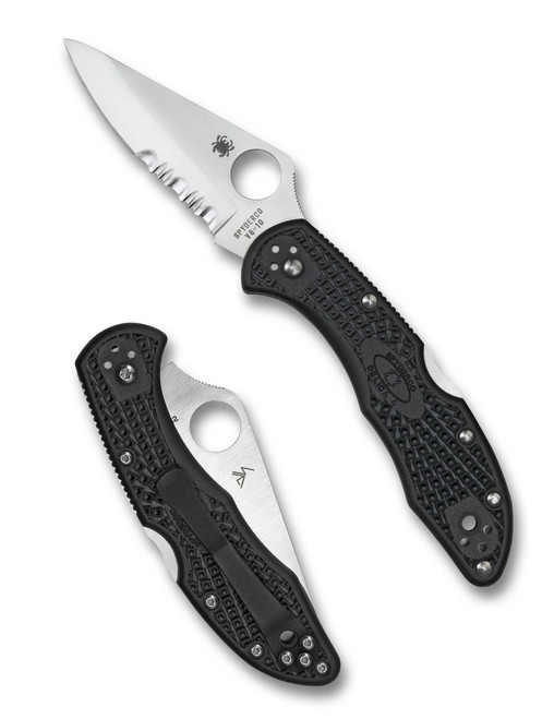 Spyderco Delica 4 folding knife with thumb hole - shown open presentation side and closed pocket clip side.  Satin VG-10 stainless steel combo edge blade.  Black FRN handle.  Model C11PSBK.
