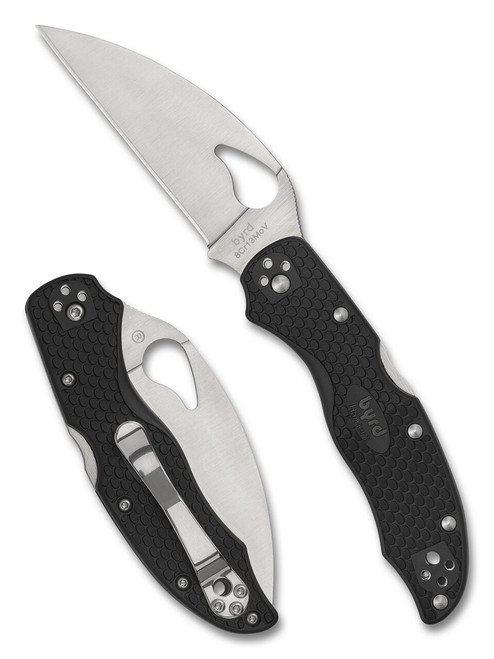 Byrd Harrier 2 folding knife with thumb slot - shown both open presentation side and closed pocket clip side.  Satin 8Cr13MoV stainless steel, wharncliffe, plain edge blade.  Black FRN handle.  Model BY01PBKWC2.