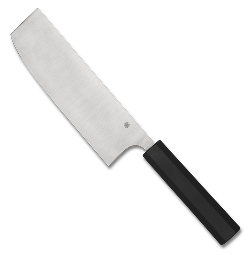 Spyderco Culinary Murray Carter Minarai Nakiri kitchen knife - obverse shown.  Satin CTS-BD1N stainless steel plain edge blade.  Black polypropylene handle.  Model K17PBK.