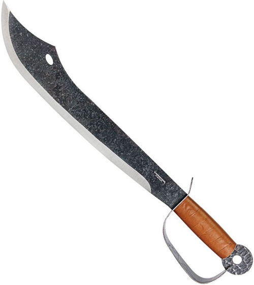 Condor Tool and Knife Buccaneer Sword - shown out of sheath obverse.  1075 steel plain edge blade.  Leather wrapped wood handle.  Model CTK1030-15.5HC.