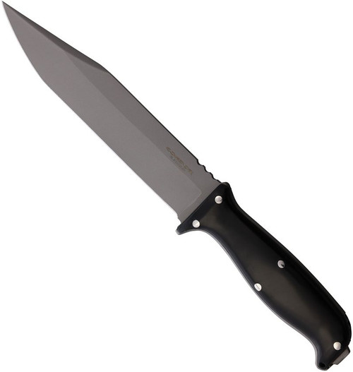 Condor Tool and Knife Enduro fixed blade knife - shown out of sheath reverse.  420HC stainless steel plain edge blade.  Black Micarta handle.  Model CTK1829-6.8SS.