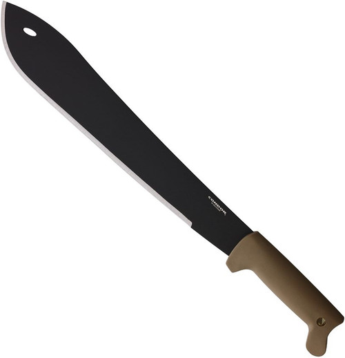 Condor Tool and Knife Bolo Machete - shown out of sheath reverse.  1075 HC steel plain edge blade.  Tan polypropylene handle.  Model CTK1830-15.4HC.