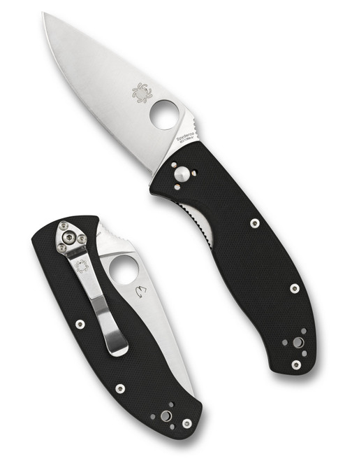 Spyderco Tenacious folding knife with thumb hole - shown open presentation side and closed pocket clip side.  Satin 8Cr13MoV stainless steel plain edge blade.  Black G-10 handle.  C122GP.
