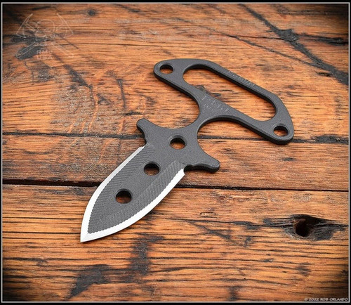 RMJ Tactical BUB fixed blade knife - shown obverse out of sheath.  Cobalt Cerakote S45VN stainless steel double plain edge blade.  
