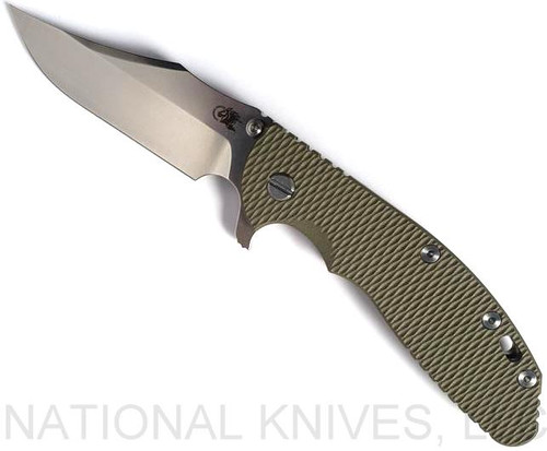 Rick Hinderer Knives XM-24 Bowie folding knife with thumb stud and flipper tab - shown open presentation side.  Stonewash 20CV stainless steel plain edge blade.  OD green G-10 handle with stonewash bronze lock side.  Model KXM40BO.