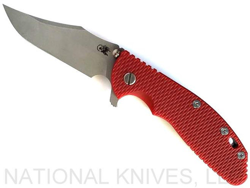 Rick Hinderer Knives XM-24 Bowie folding knife with thumb stud and flipper tab - shown open presentation side.  Working Finish 20CV stainless steel plain edge blade.  Red G-10 handle with Working Finish lock side.  Model KXM40BO.