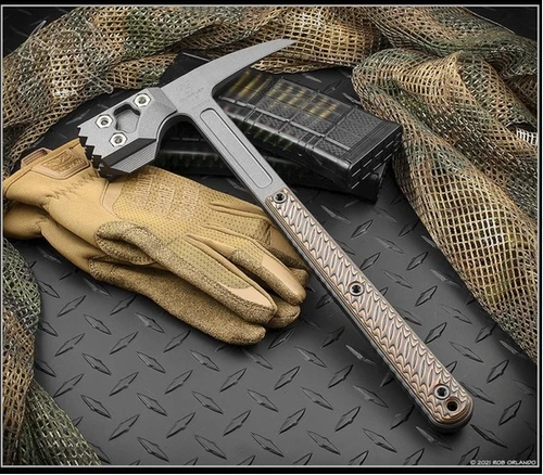 RMJ Tactical Cuddles Tactical Hammer - shown out of sheath obverse.  Tungsten Cerakote 80CRV2 steel head.  Hyena Brown G-10 handle.  