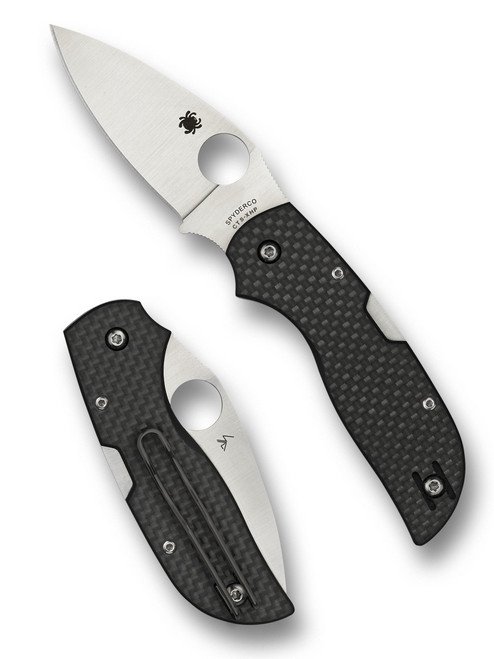 Spyderco Chaparral folding knife with thumb hole - shown open presentation side and closed pocket clip side.  Satin CTS-XHP stainless steel plain edge blade. Black carbon fiber and G-10 laminate handle.  Model C152CFP.
For reference only.