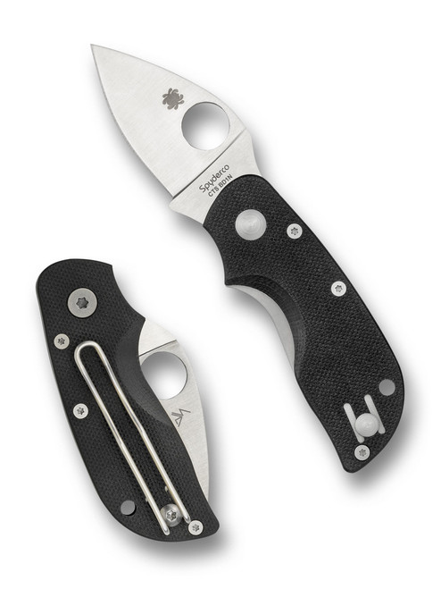Spyderco Chicago folding knife with thumb hole - shown open presentation side and closed pocket clip side.  Satin CTS-BD1N stainless steel plain edge blade.  Black G-10 handle.  Model C130GP.