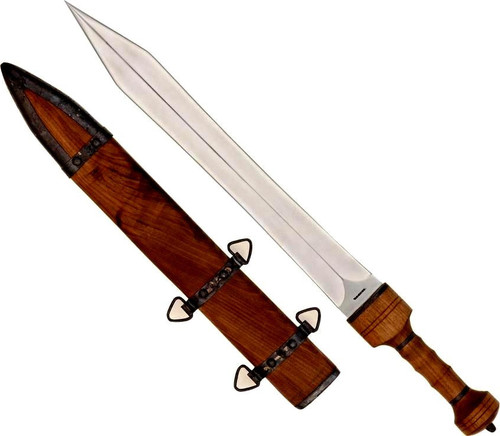 Condor Tool and Knife Mainz Gladius Sword - shown out of sheath with sheath next to sword.  1075 high carbon steel plain edge blade.  Wood handle.  Model CTK1001-19.5HC.