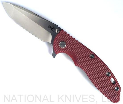 Rick Hinderer Knives XM-18 3.5" Spanto folding knife with thumb stud and flipper tab - shown open presentation side.  Stonewash S45VN stainless steel plain edge blade.  Red G-10 handle with stonewash lock side.  Model K2002SGS00.