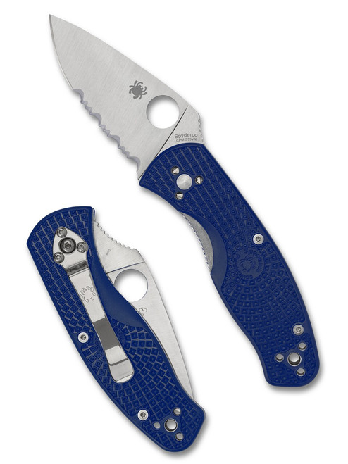 Spyderco Persistence folding knife with thumb hole - shown open presentation side and closed pocket clip side.  Satin S35VN stainless steel combo edge blade.  Blue FRN handle.  Model C136PSBL.