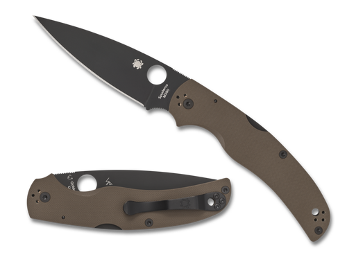 Spyderco Native Chief Sprint Run folding knife with thumb hole - shown open presentation side and closed pocket clip side.  Black M390 stainless steel plain edge blade.  Brown G-10 handle.  Model C244GPDBNBK.
For reference only.
